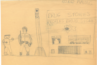 Pencil drawing by an junior high school student depicting a Black protester hurling a rock through the front window of a store in front of an armed military personel.