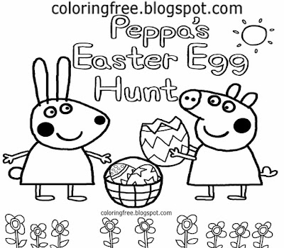 Simple bunny Easter egg hunt Rebecca Rabbit Peppa Pig coloring pages for school children to color in