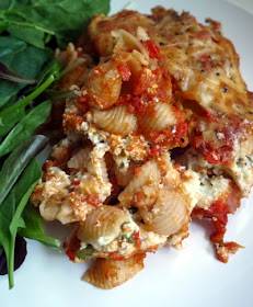 baked shells with basil ricotta and spinach salad