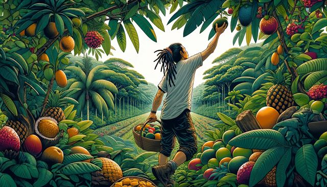 A Japanese man with dreadlocks, wearing casual clothes, is harvesting Amazonian fruits in a lush rainforest setting. The scene depicts him reaching up to pick fruits from a tree, surrounded by a variety of tropical plants and trees. The atmosphere is vibrant and full of life, with the rich greenery of the Amazon rainforest in the background. The illustration should be horizontal, capturing the essence of harvesting in a remote, natural environment.