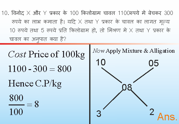 विनोद X और Y प्रकार के 100 किलोग्राम चावल 1100रुपये में बेचकर 300 रुपये का लाभ कमाता है। यदि X तथा Y प्रकार के चावल का लागत मूल्य 10 रुपये तथा 5 रुपये प्रति किलोग्राम हो, तो मिश्रण में X तथा Y प्रकार के चावल का अनुपात क्या है?