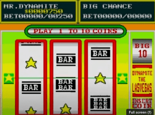 MR DYNAMITE   $0000750 BET00000/00250 BIG CHANCE BET00000/00000  PLAY1 TO 10 COINS Stars and Bar showing up on gambling game here BIG 10, DYNAMITE THE LASVEGAS INSERT COIN