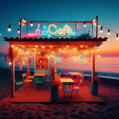 colorful island cafe with lights on the beach at sunset
