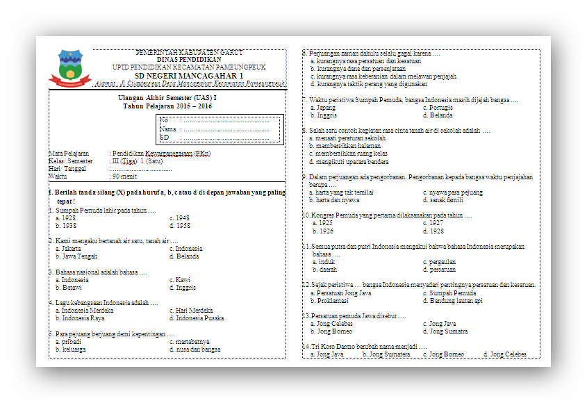 Soal UAS PKn KTSP Kelas 3 Semester 1  Revisi Id