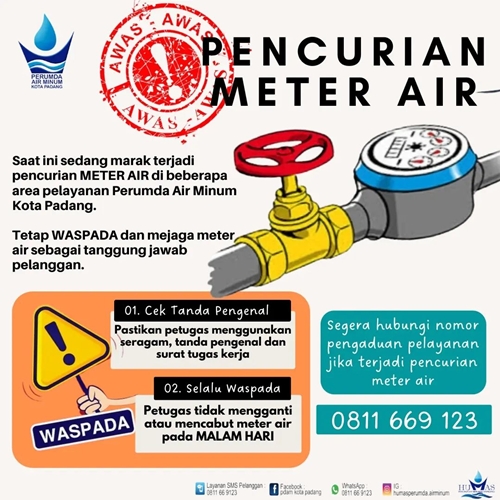 Waspada Pencurian Meter Air, Pelanggan Perumda Air Minum Kota Padang Diimbau Lakukan Ini