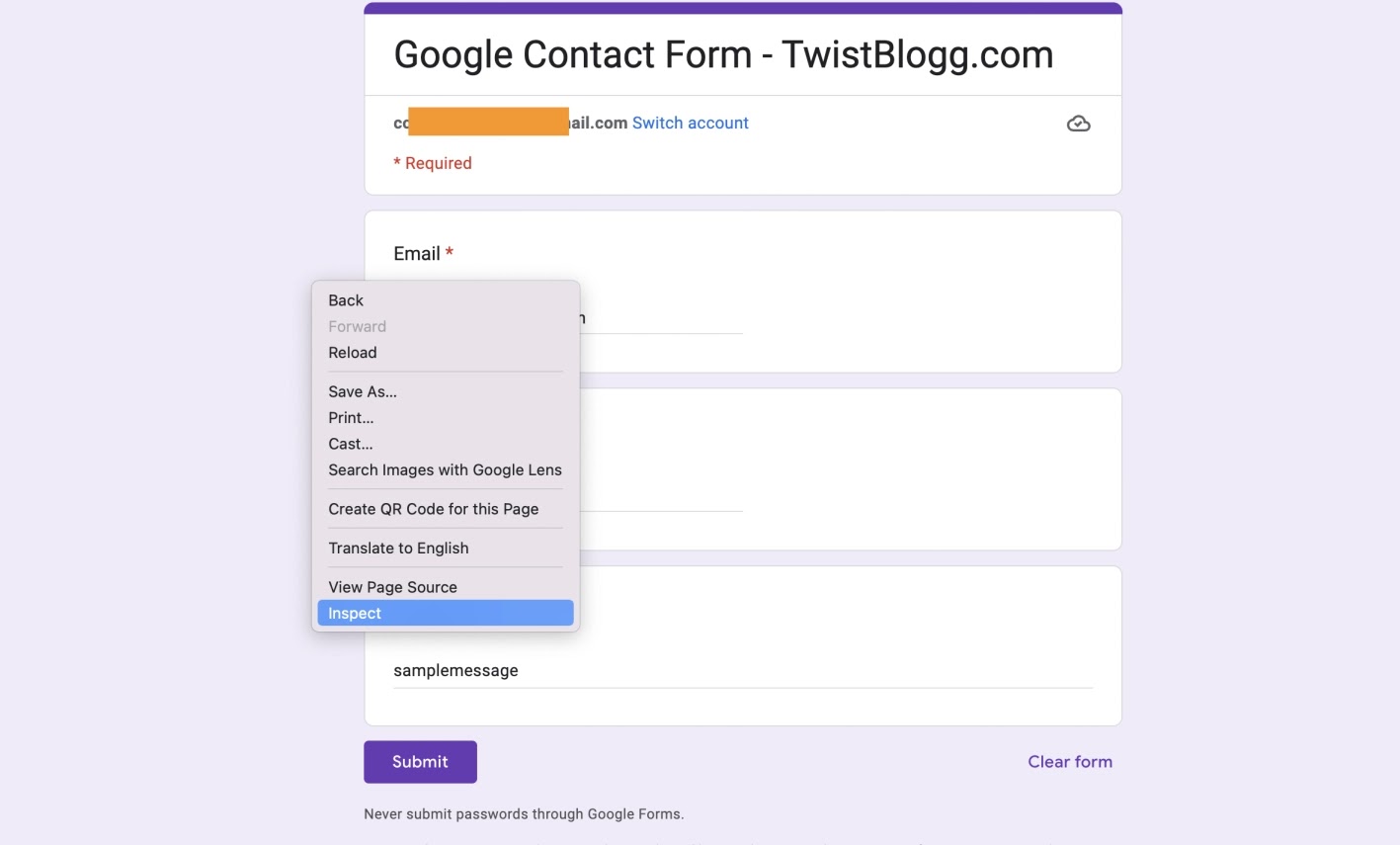 Customizing google form to use as blogger contact form