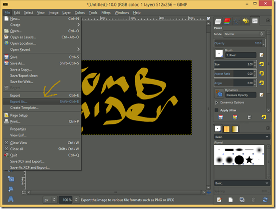 GIMP screenshot showing File>Export As...