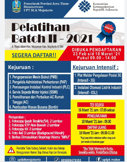 Gratis Pendaftaran Pelatihan Kerja Batch Ii Blk Mojokerto Tahun 2021 Peluang Terkini
