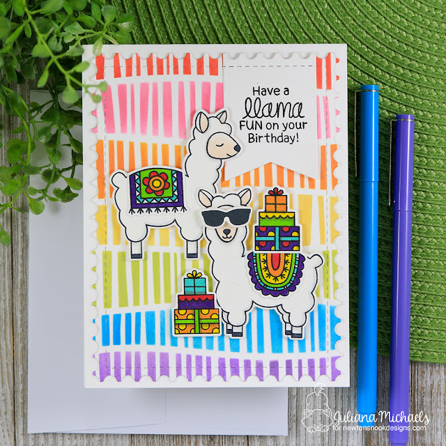 Llama Fun Birthday Card with Rainbow Stenciled Background by Juliana Michaels featuring Newton's Nook Designs Loveable Llamas Stamp Set and Serene Stripes Stencil