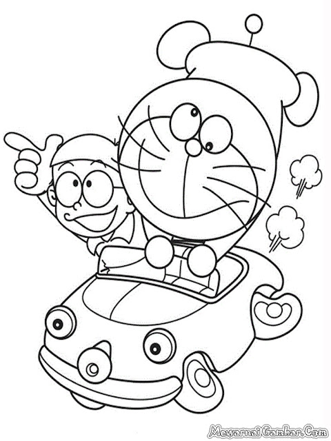 Gambar Nobita Dan Doraemon Naik Mobil Untuk Diwarnai