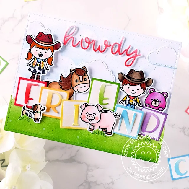 Sunny Studio Stamps: Little Buckaroo Friendship Card by Catherine Cohen (featuring Loopy Letter Dies, Chloe Alphabet Dies, Picket Fence Border Dies, Fluffy Cloud Dies)