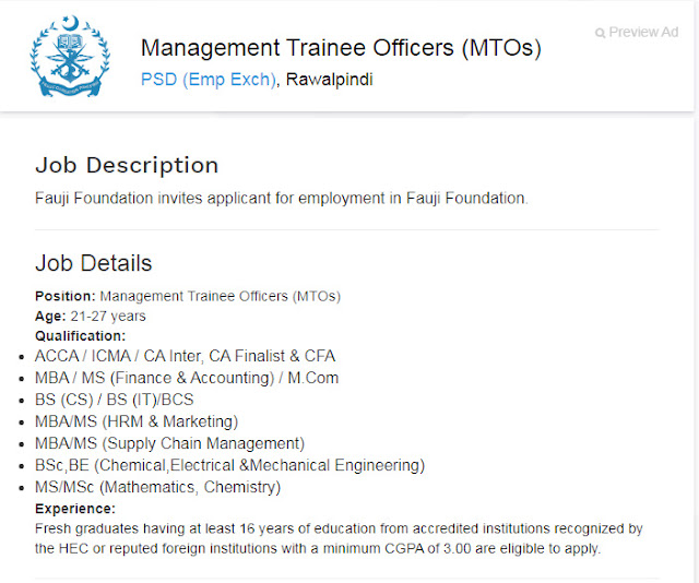   MTOs Jobs in Fauji Foundation Jobs 2020 for Management Trainee Officers (MTOs) Jobs 2020