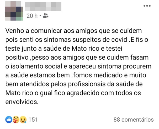 Mato Rico confirma seu primeiro caso de COVID-19