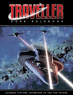 Cover of the first version of Traveller 2nd Edition from Mongoose Publishing showing a Beowulf class Free Trader under fire from two Patrol cruisers