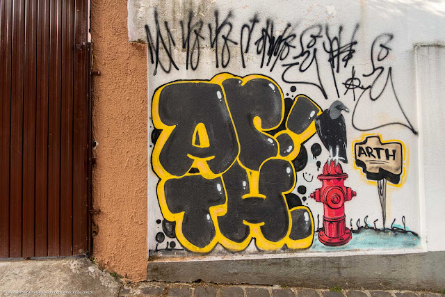 Grafite em muro mostrando um urubu pousado em um hidrante