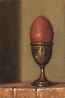 Oil painting of a brown egg in a silver-plated egg cup.