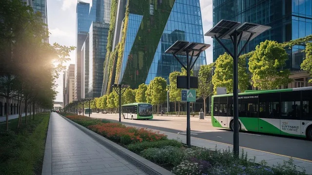 A photograph depicting a modern cityscape transformed by green initiatives. The central focus is a sleek, vertical garden integrated into a glass skyscraper, showcasing lush greenery spilling down its facade. Below, a pedestrian walkway is lined with solar-powered streetlights and vibrant flowerbeds, while electric buses silently glide along a dedicated lane. The scene is bathed in the warm glow of the late afternoon sun, creating a harmonious blend of urban innovation and natural beauty, with a subtle sign reading “"Sustainable City Initiative””.
