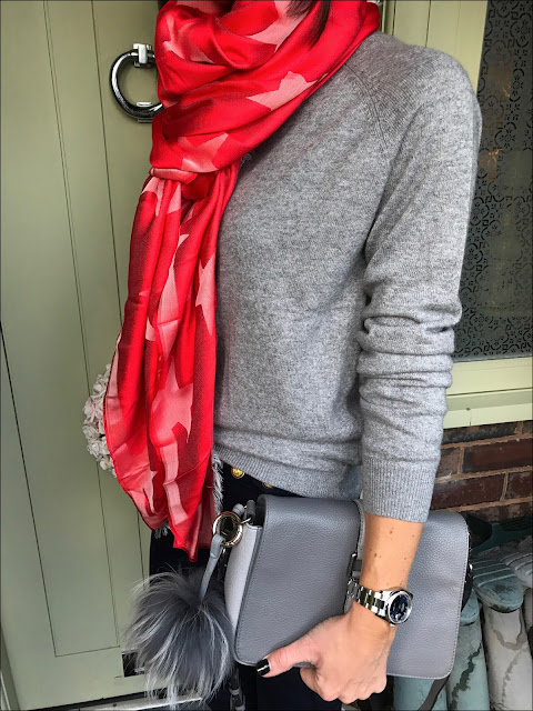 My Midlife Fashion, Village England Fulmer bag, H&M Cashmere Blend Crew Neck Jumper, J Crew Sailor Pants, Golden Goose Superstar trainers, stella mccartney silk and modal blend jacquard star scarf