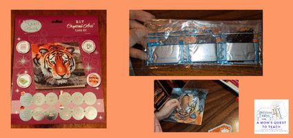 Crystal card kit unopened package, crystals in bags; putting crystals on tiger