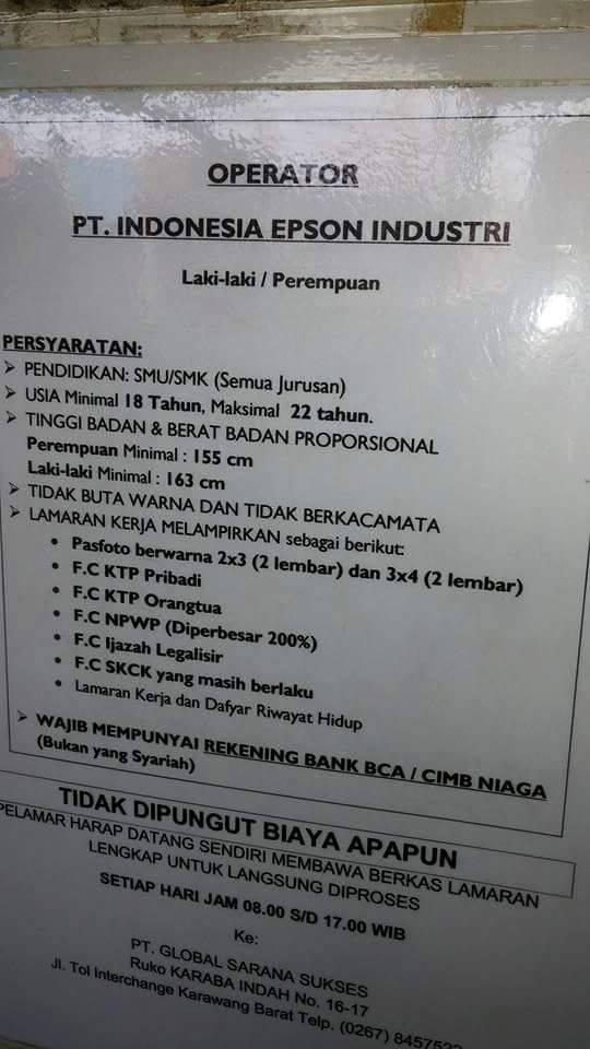 Info Kerja PT EPSON Operator Produksi - Lupy Hakim Media