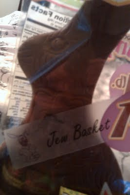 Chocolate bunny labeled "Jew Basket" for a Jew on Easter