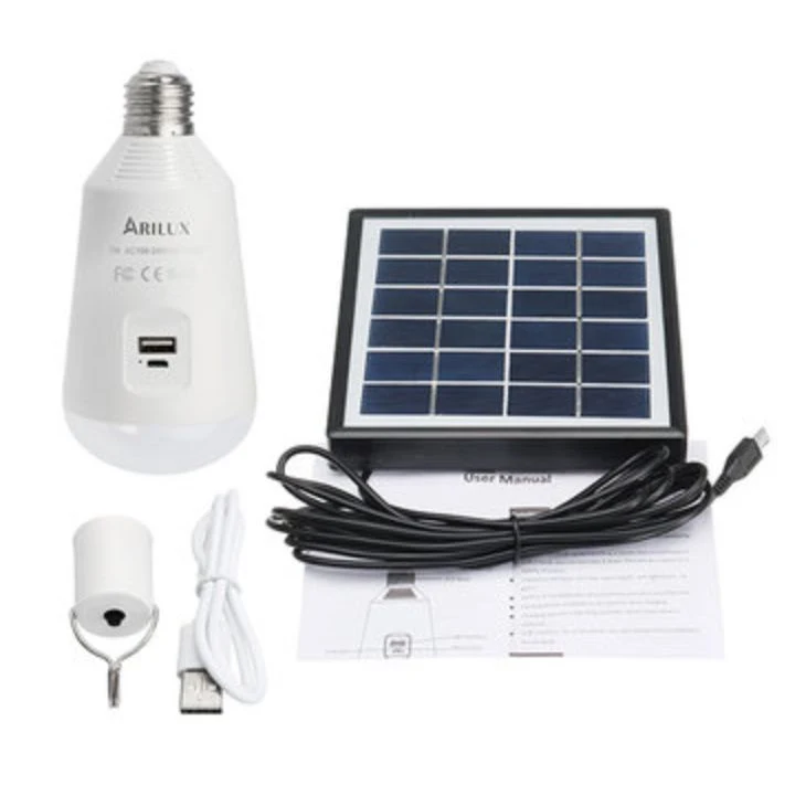ARILUX Rechargeable LED Light Bulb with Solar Panel and USB Connection Port