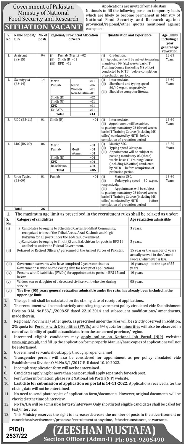Ministry of National Food Security and Research Jobs 2022 - MNFSR Jobs 2022 Online Apply