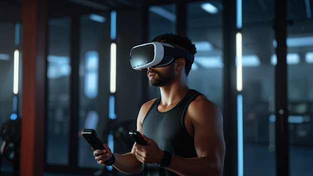 A person wearing a VR headset while exercising in a futuristic gym