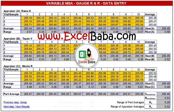 Example of GRR Study Excel Template