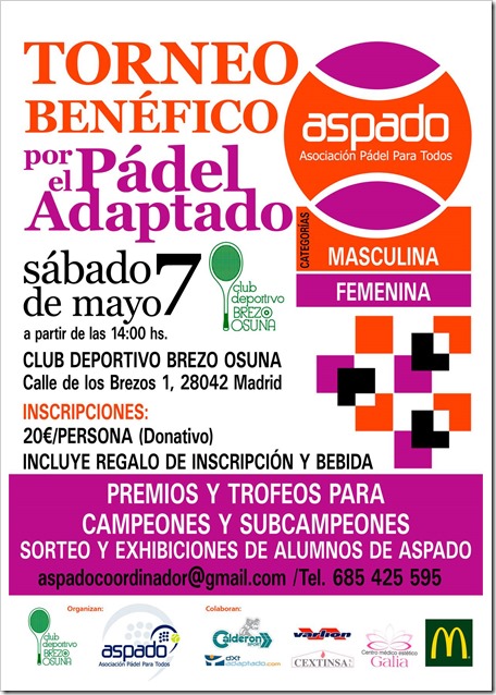 Torneo Benéfico de pádel a favor de ASPADO el 7 mayo 2016 en Madrid. ¡Participa por una buena causa!