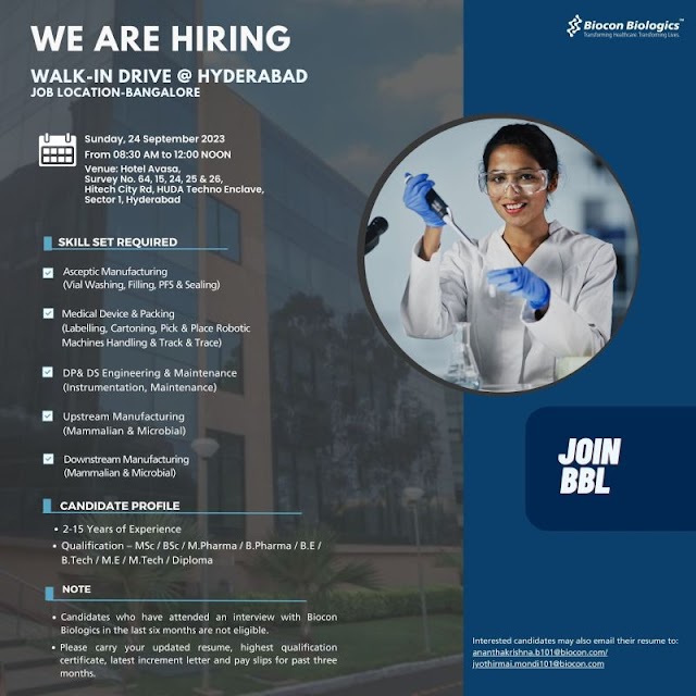 Biocon Biologics | Walk-in interview at Hyderabad on 24th Sep 2023