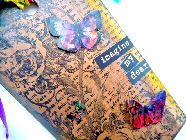 Stamped Wood Tag with Melted Crayon Colored Butterflies by Dana Tatar for Faber-Castell