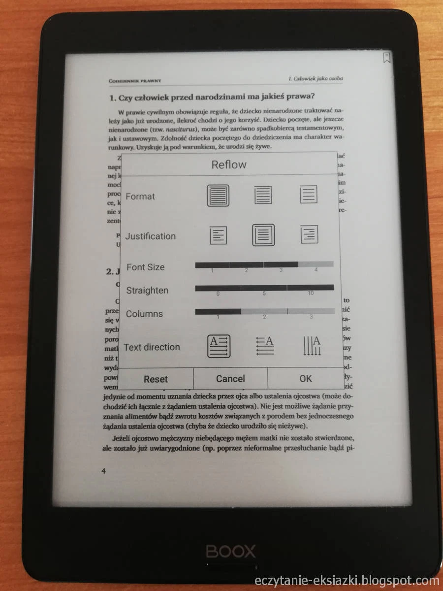 Onyx Boox Nova – ustawienia trybu reflow