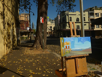 Plein air oil painting of the Terminus Hotel, corner of John and Harris street painted by industrial heritage artist Jane Bennett