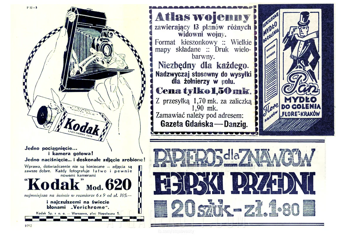 Reklamy prasowe: Kodak (1932), Atlas (1915), Pan (1948), Egipski (1935)