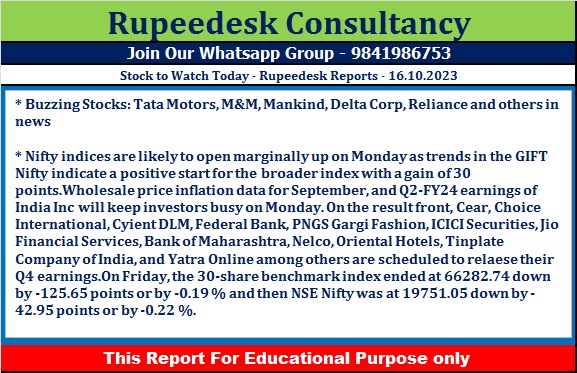 Stock to Watch Today - Rupeedesk Reports - 16.10.2023