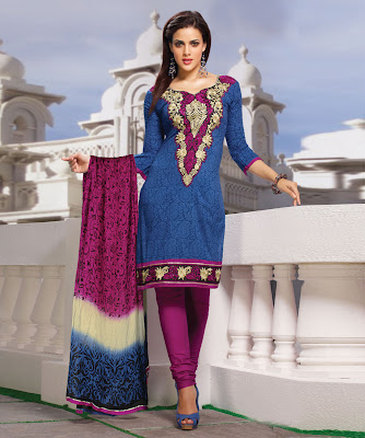 BRAND: Prafful CATEGORY: Unstitched Suit with Dupatta  COLOUR: Top: Blue Bottom: Magenta Dupatta: Magenta, Cream and Blue  MATERIAL: Top: Cotton Bottom: Cotton Dupatta: Chiffon