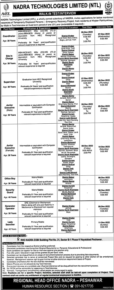  Latest Jobs In NADRA Technologies Ltd Peshawar 2022