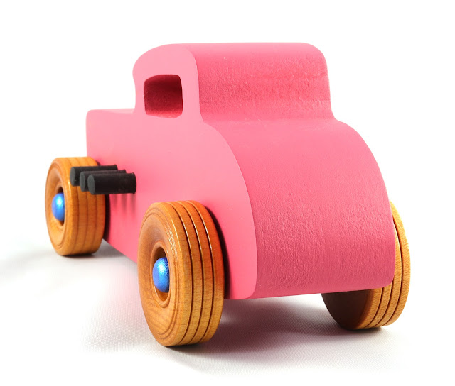 Wood Toy Car, Hot Rod '32 Deuce Coupe, Handmade, Painted Pink, Black, Metallic Sapphire Blue, and Amber Shellac, From The Freaky Ford Collection