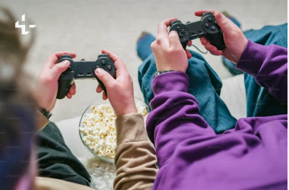 a couple play game with controller
