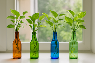 Group of color-tinted glass bottles with thriving money plant cuttings arranged on a sunny windowsill.
