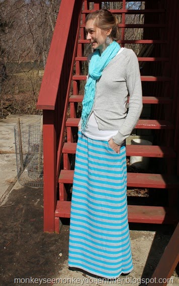 blue and gray striped maxi skirt