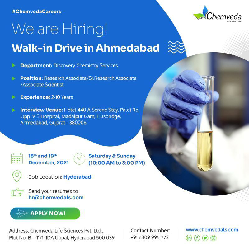 Job Availables,Chemveda Lifesciences Walk-In-Interview For Discovery Chemistry Services