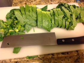 large chopping knife and cut collard greens