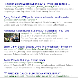 Halaman pertama google dengan keyword pada Calon Bupati Subang pada 2015