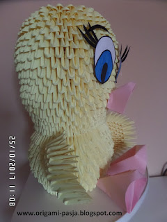 Tweety, bajka, origami, 3d, modułowe, żółty, ptak, ptaszek w klatce, z klatki, kot