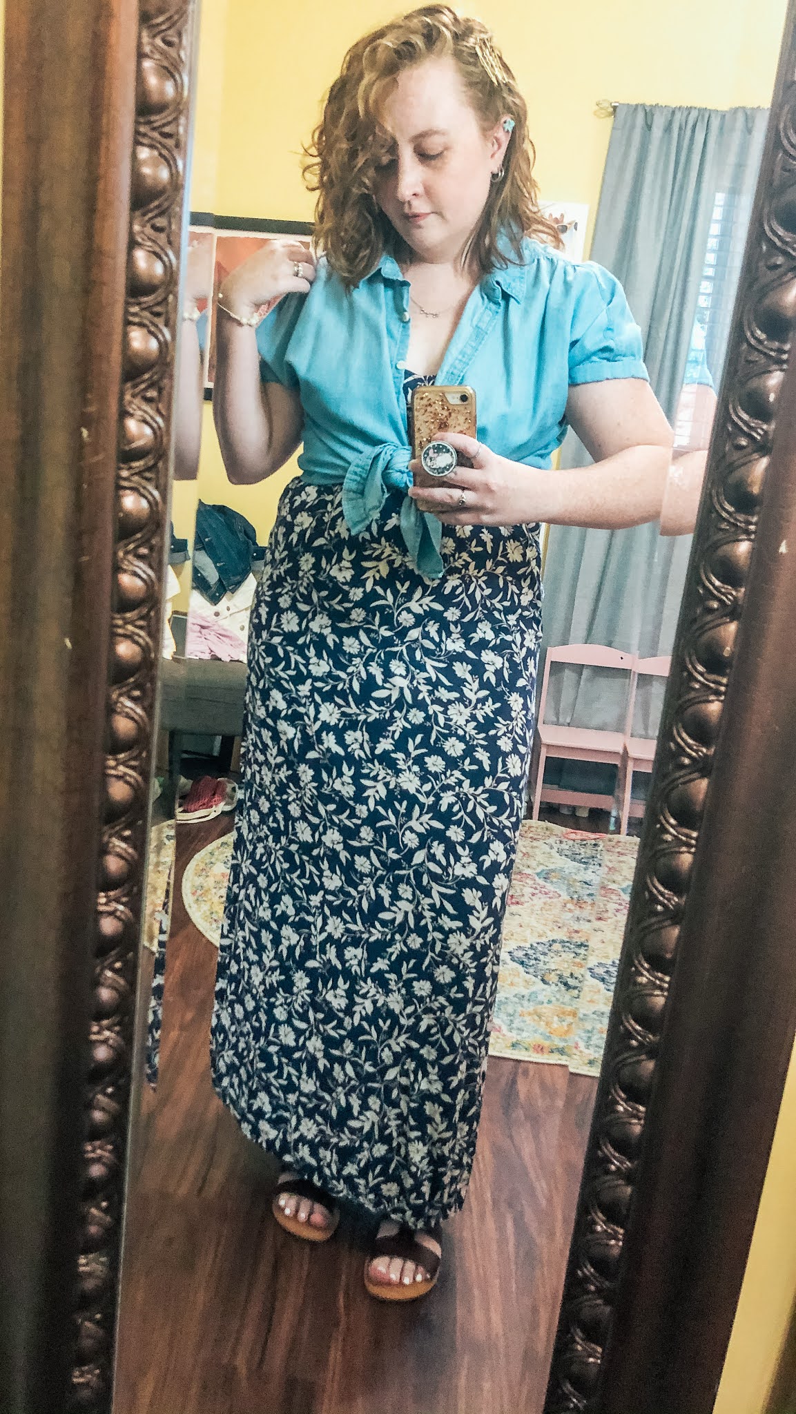 chambray-shirt-tied-over-navy-floral-maxi-dress