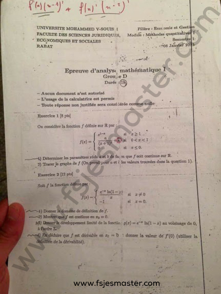 Exemple Examen Licence S1 Epreuve Analyse Mathématique - Fsjes Souissi