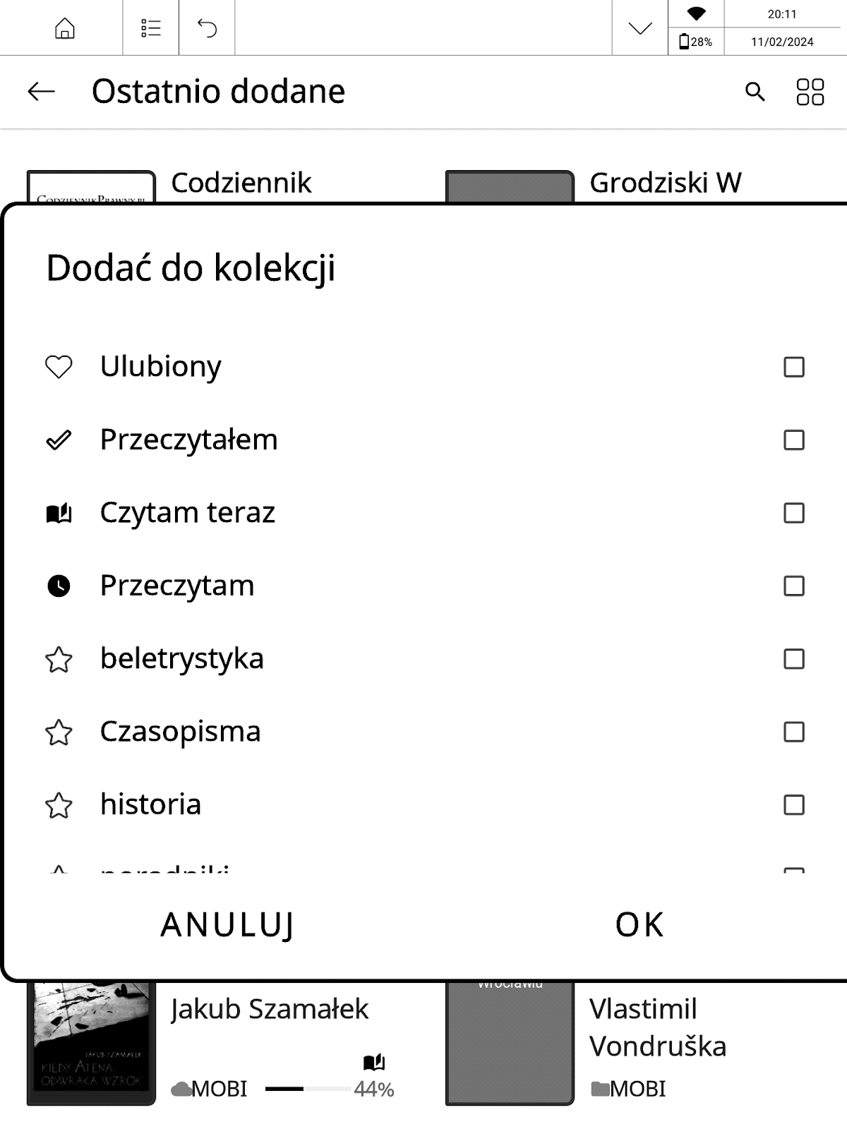 Dodawanie e-booka do kolekcji w bibliotece aplikacji PocketBook InkPad X Pro