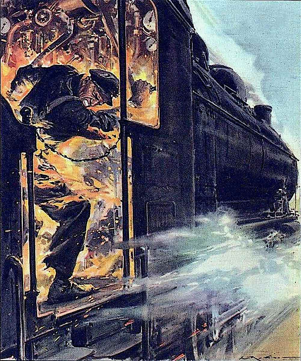 a Walter Molino illustration of a runaway train with engineer on fire